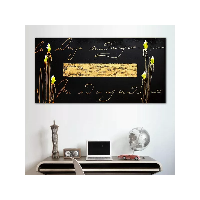 Gouden letters en leisteen achtergrond met bloem