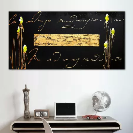 Gouden letters en leisteen achtergrond met bloem
