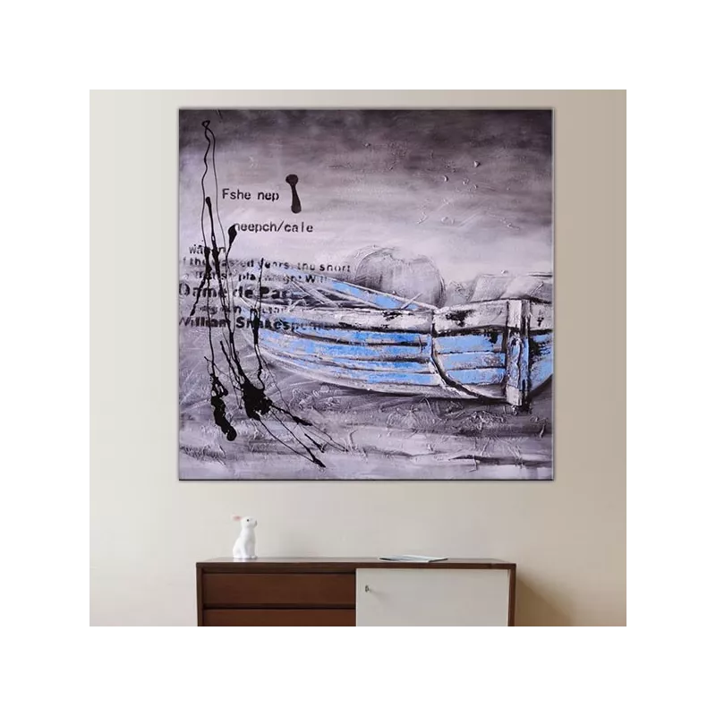 Blauwe marineverf, roeiboot op zee
