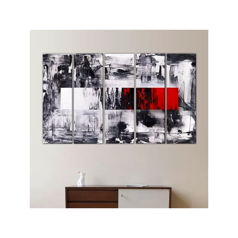 Grafisch veelluik met 5 panelen in rood, zwart en wit.