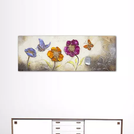 Groot schilderij met bloemen en vlinders