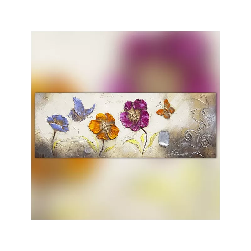 Groot schilderij met bloemen en vlinders