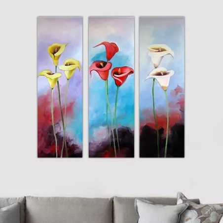 Exotisch bloemendrieluik, 3 beschilderde panelen