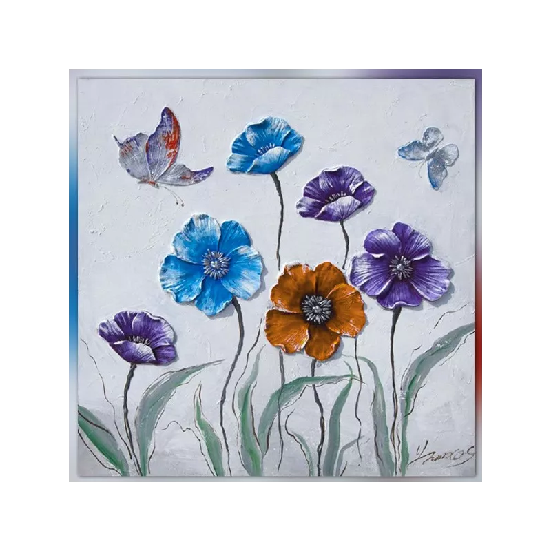 landelijk schilderij, bloemen en vlinders