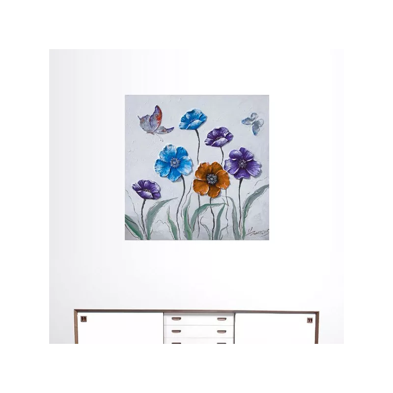 landelijk schilderij, bloemen en vlinders