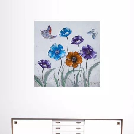 landelijk schilderij, bloemen en vlinders