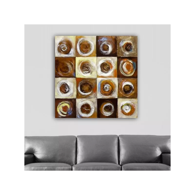 Abstract schilderij dambord en cirkels 1 m x 1 m