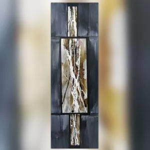 Abstracte compositie in muisgrijs en metaal, 40 x 120cm