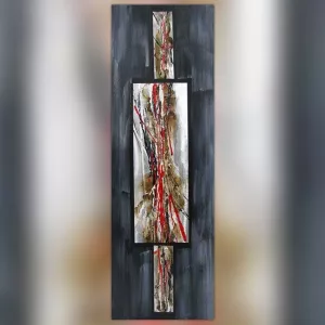 Abstract schilderij in rood en leisteen, 40 x 120 cm