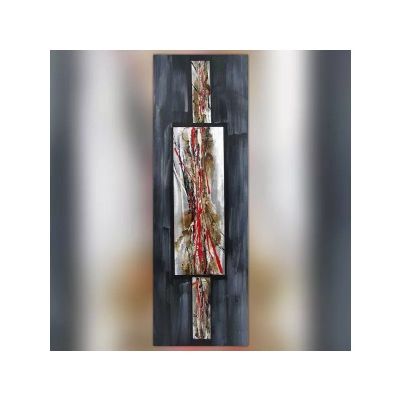 Abstract schilderij in rood en leisteen, 40 x 120 cm