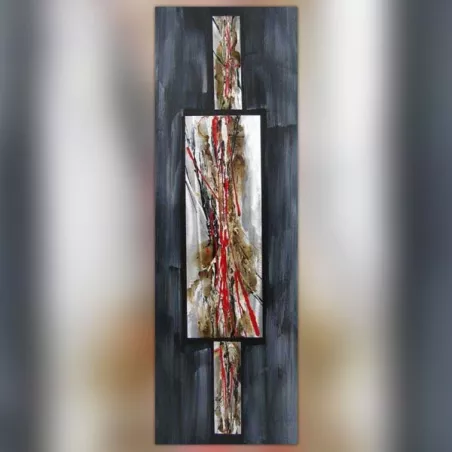 Abstract schilderij in rood en leisteen, 40 x 120 cm