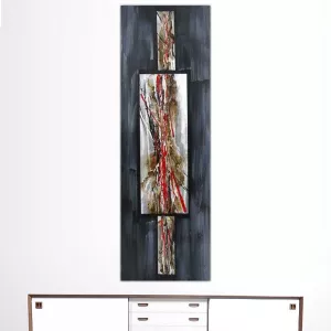 Abstract schilderij in rood en leisteen, 40 x 120 cm
