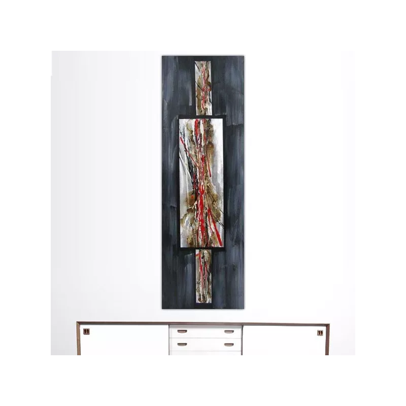 Abstract schilderij in rood en leisteen, 40 x 120 cm