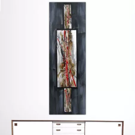 Abstract schilderij in rood en leisteen, 40 x 120 cm