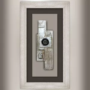 Design schilderij, collage op hout en oogschelp 70x40cm