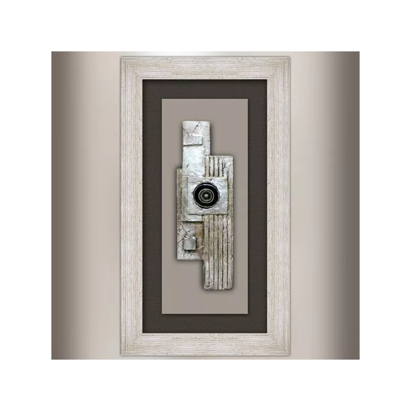 Design schilderij, collage op hout en oogschelp 70x40cm
