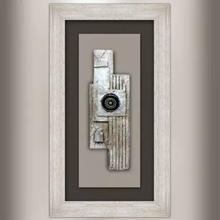 Design schilderij, collage op hout en oogschelp 70x40cm