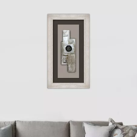 Design schilderij, collage op hout en oogschelp 70x40cm