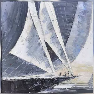 Marineblauwe zeilboot, afmeting 80 x 80 cm