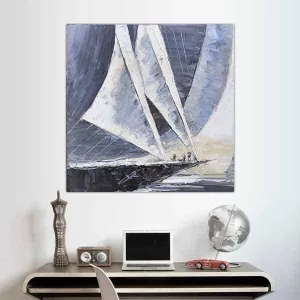 Marineblauwe zeilboot, afmeting 80 x 80 cm