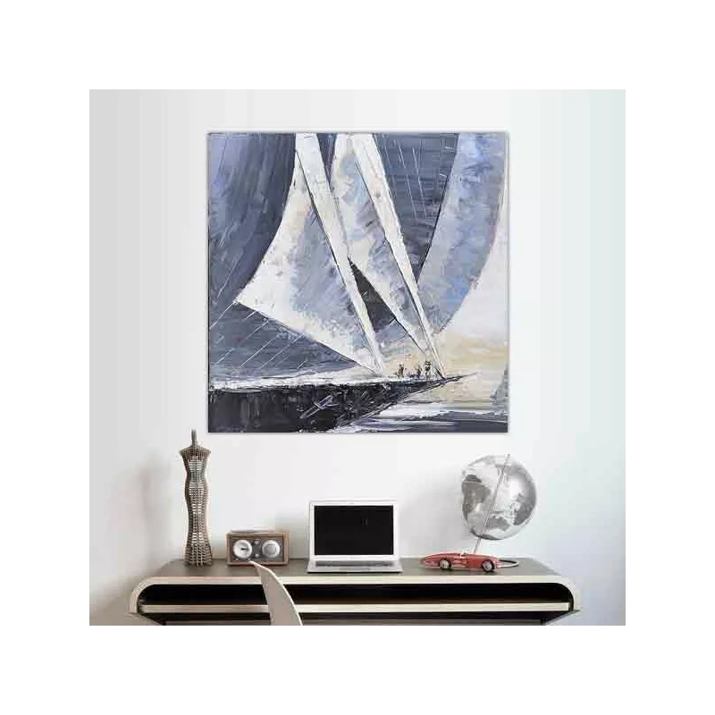 Marineblauwe zeilboot, afmeting 80 x 80 cm