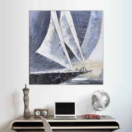 Marineblauwe zeilboot, afmeting 80 x 80 cm